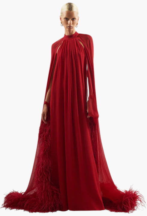 Feathered Eterea Gown In Ruby